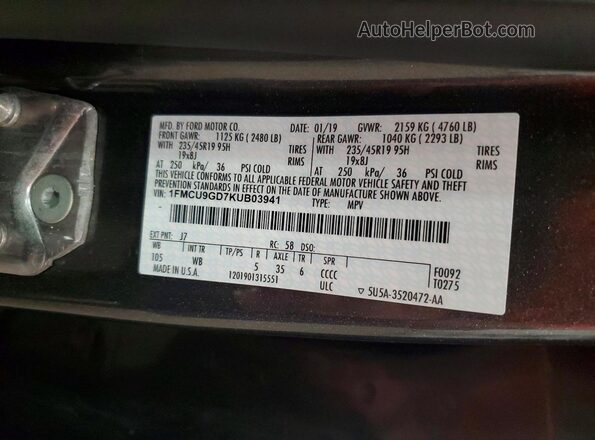 1FMCU9GD7KUB03941 2019 FORD ESCAPE Gray Vista interior de 360 grados