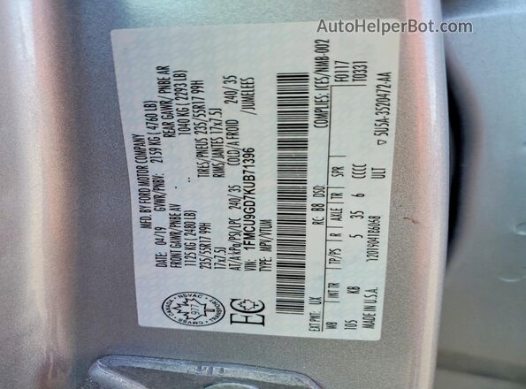 1FMCU9GD7KUB71396 2019 FORD ESCAPE Silver Вид наклейки з VIN-кодом