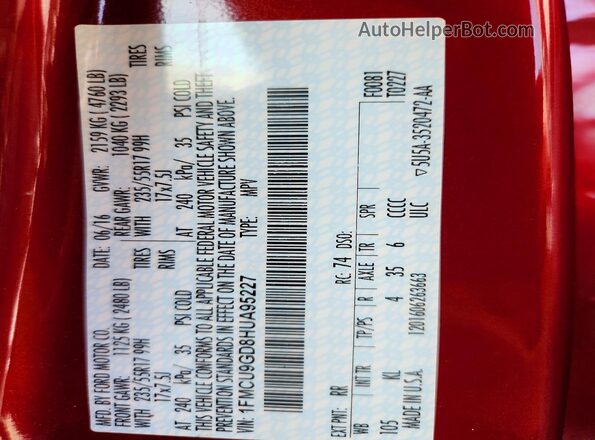 1FMCU9GD8HUA95227 2017 FORD ESCAPE Red Widok wnętrza 360 stopni