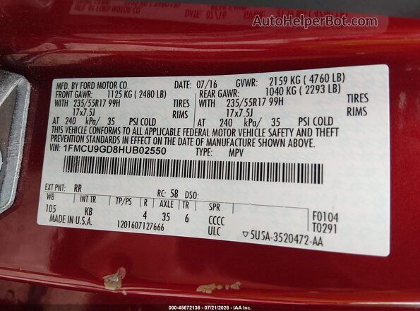 1FMCU9GD8HUB02550 2017 FORD ESCAPE Maroon Շարժիչի բաժամունքի տեսք