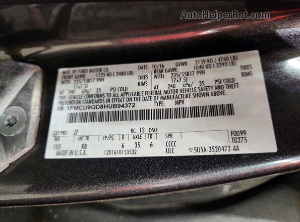 1FMCU9GD8HUB94372 2017 FORD ESCAPE Серый Вид наклейки с VIN-кодом