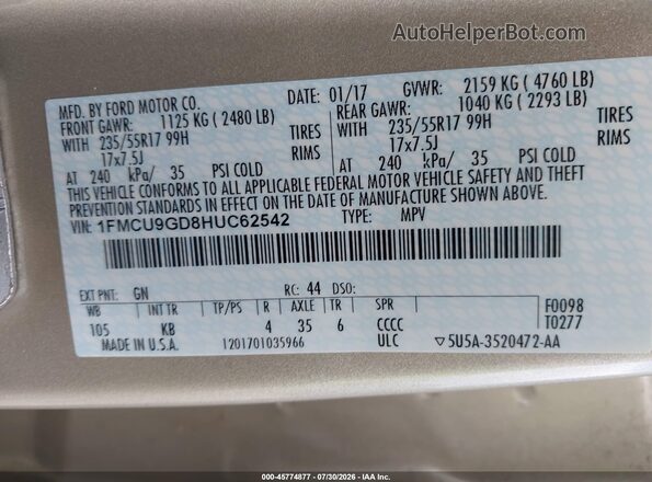 1FMCU9GD8HUC62542 2017 FORD ESCAPE Бежевый Вид подкапотного пространства
