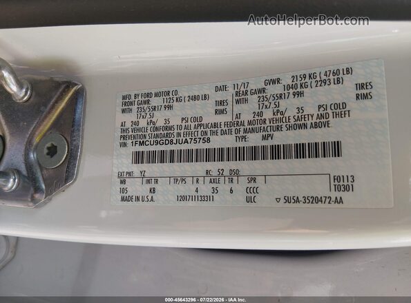 1FMCU9GD8JUA75758 2018 FORD ESCAPE White Շարժիչի բաժամունքի տեսք