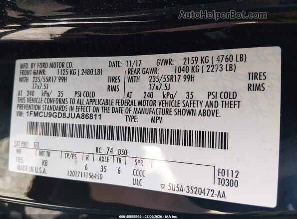 1FMCU9GD8JUA86811 2018 FORD ESCAPE Black Вид підкапотного простору