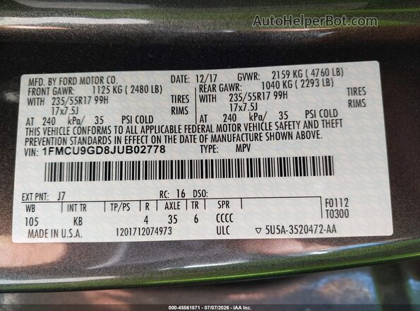 1FMCU9GD8JUB02778 2018 FORD ESCAPE Gray Engine compartment view