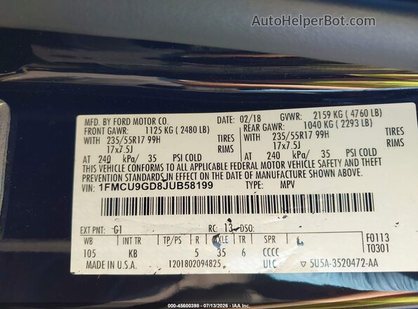 1FMCU9GD8JUB58199 2018 FORD ESCAPE Black Вид підкапотного простору