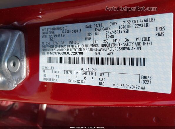 1FMCU9GD8JUC29708 2018 FORD ESCAPE Red Engine compartment view