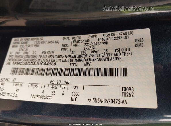 1FMCU9GD8JUC84160 2018 FORD ESCAPE Blue ძრავის განყოფილების ხედი
