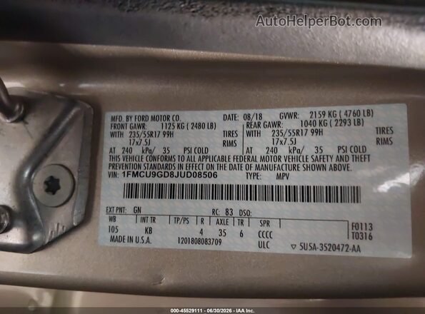 1FMCU9GD8JUD08506 2018 FORD ESCAPE Gold Vista del compartimento del motor