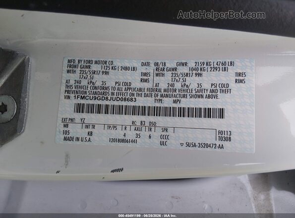 1FMCU9GD8JUD08683 2018 FORD ESCAPE White Engine compartment view