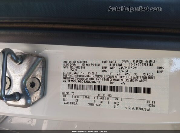 1FMCU9GD8JUD08750 2018 FORD ESCAPE Белый Вид подкапотного пространства