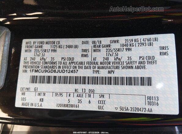 1FMCU9GD8JUD12457 2018 FORD ESCAPE Black Շարժիչի բաժամունքի տեսք