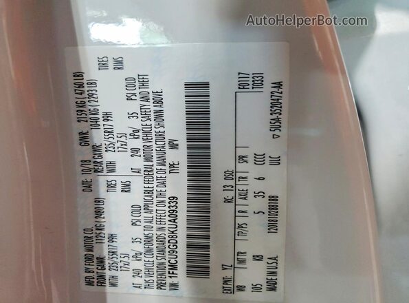 1FMCU9GD8KUA09339 2019 FORD ESCAPE Белый Вид наклейки с VIN-кодом