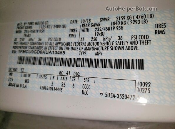 1FMCU9GD8KUA13455 2019 FORD ESCAPE White VIN sticker view