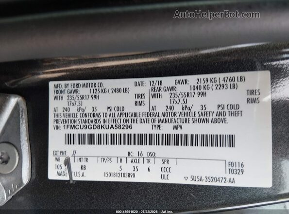 1FMCU9GD8KUA58296 2019 FORD ESCAPE Gray Շարժիչի բաժամունքի տեսք