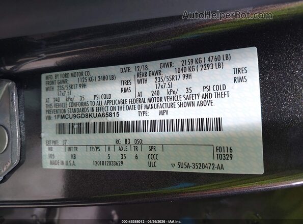 1FMCU9GD8KUA65815 2019 FORD ESCAPE Gray Widok komory silnika