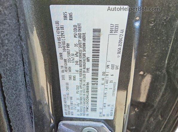 1FMCU9GD8KUB98896 2019 FORD ESCAPE Charcoal Вид наклейки з VIN-кодом