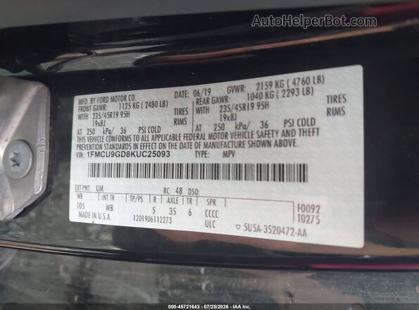 1FMCU9GD8KUC25093 2019 FORD ESCAPE Black Вид підкапотного простору