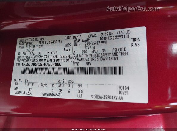 1FMCU9GD9HUB64880 2017 FORD ESCAPE Burgundy Vista del compartimento del motor