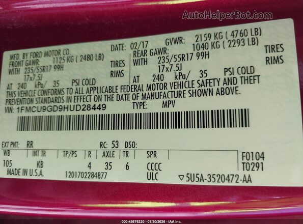 1FMCU9GD9HUD28449 2017 FORD ESCAPE Red Engine compartment view