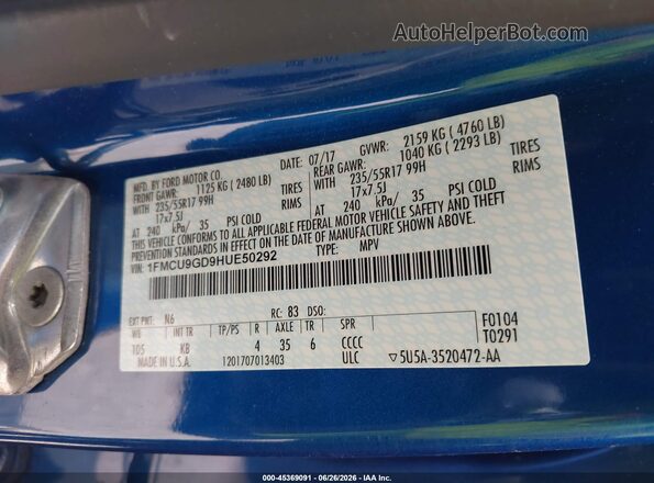 1FMCU9GD9HUE50292 2017 FORD ESCAPE Blue Widok komory silnika
