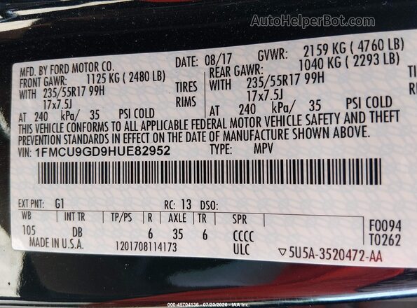 1FMCU9GD9HUE82952 2017 FORD ESCAPE Black ძრავის განყოფილების ხედი