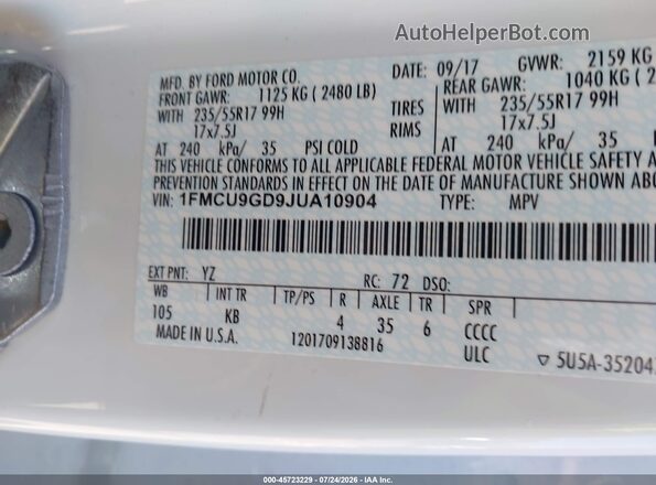 1FMCU9GD9JUA10904 2018 FORD ESCAPE Белый Вид подкапотного пространства