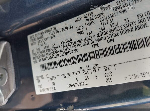 1FMCU9GD9JUB68756 2018 FORD ESCAPE Blue ძრავის განყოფილების ხედი