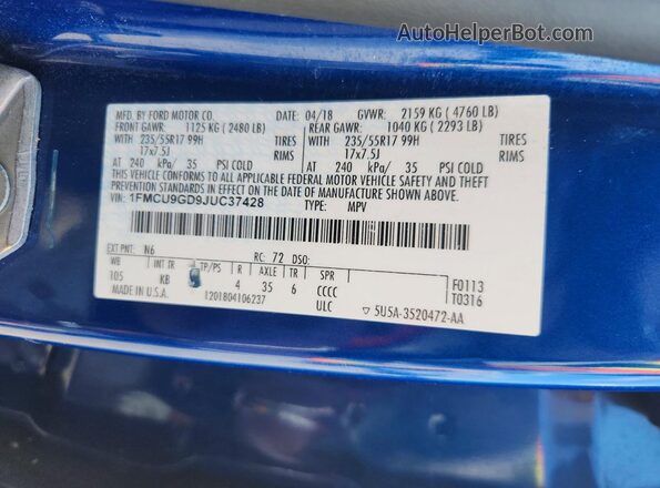 1FMCU9GD9JUC37428 2018 FORD ESCAPE Blue Vista de la etiqueta del VIN