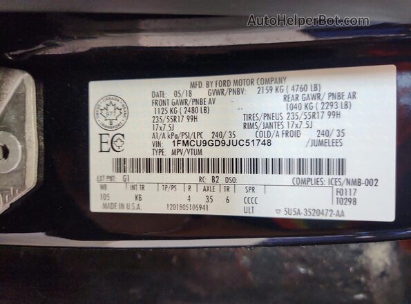 1FMCU9GD9JUC51748 2018 FORD ESCAPE Black Widok wnętrza 360 stopni