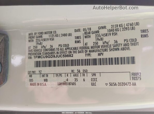 1FMCU9GD9JUC59882 2018 FORD ESCAPE White Engine compartment view