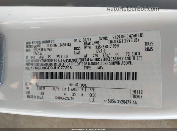 1FMCU9GD9JUC77296 2018 FORD ESCAPE White ძრავის განყოფილების ხედი