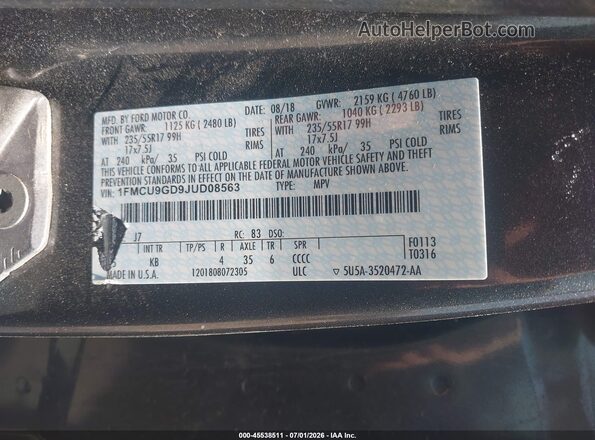 1FMCU9GD9JUD08563 2018 FORD ESCAPE Серый Вид подкапотного пространства