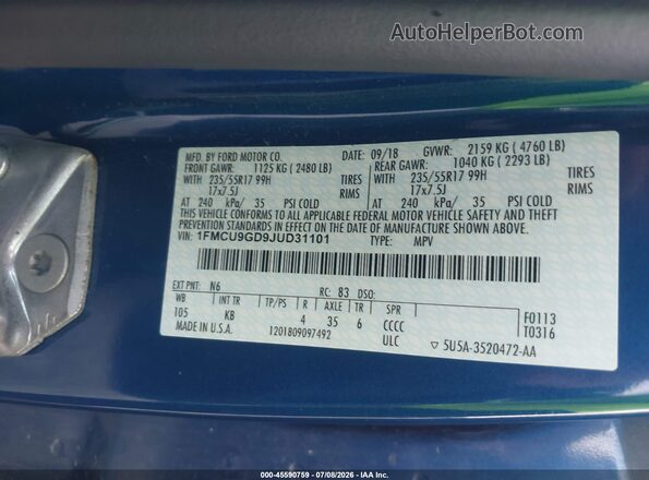 1FMCU9GD9JUD31101 2018 FORD ESCAPE Blue Engine compartment view