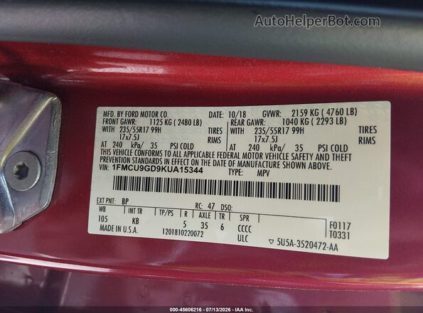 1FMCU9GD9KUA15344 2019 FORD ESCAPE Оранжевый Вид подкапотного пространства