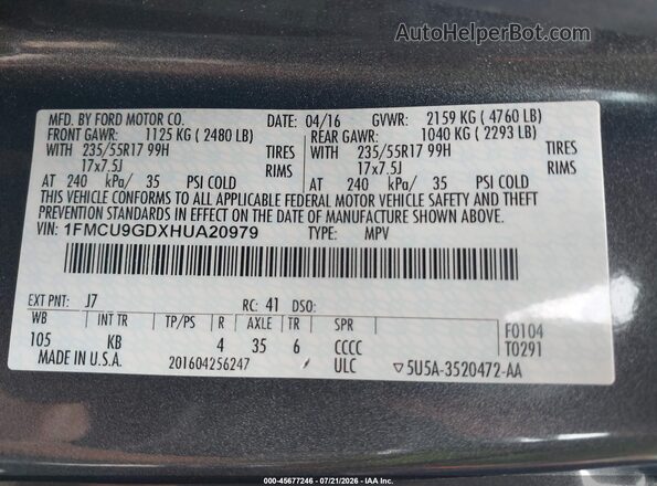 1FMCU9GDXHUA20979 2017 FORD ESCAPE Gray Շարժիչի բաժամունքի տեսք