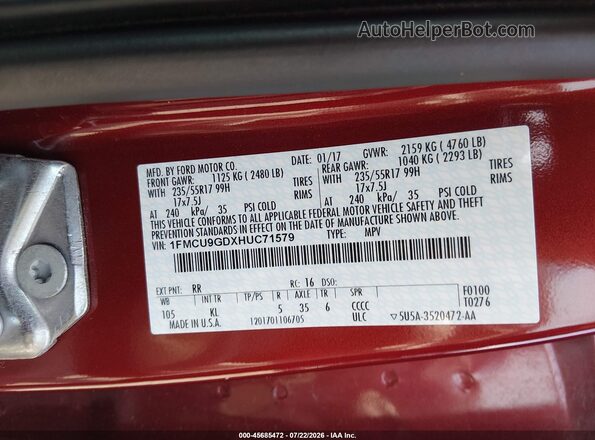 1FMCU9GDXHUC71579 2017 FORD ESCAPE Red Engine compartment view