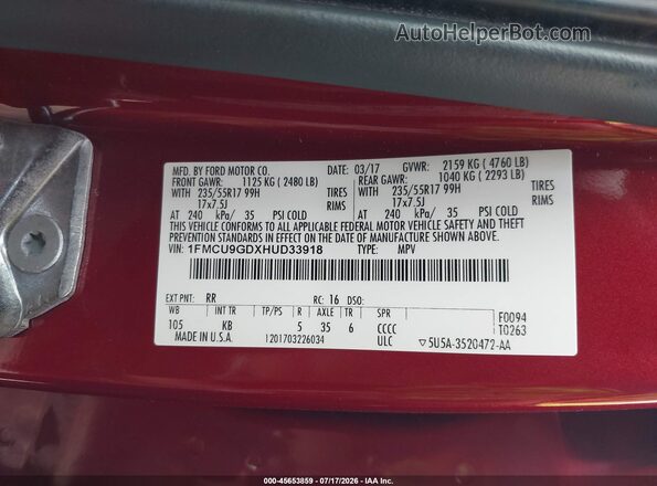 1FMCU9GDXHUD33918 2017 FORD ESCAPE Красный Вид подкапотного пространства