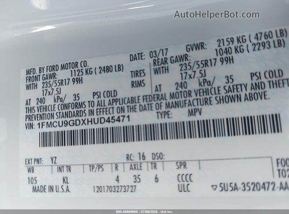 1FMCU9GDXHUD45471 2017 FORD ESCAPE White Engine compartment view