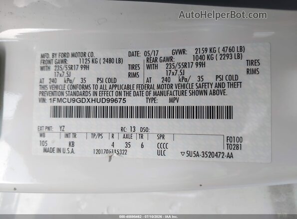 1FMCU9GDXHUD99675 2017 FORD ESCAPE Белый Вид подкапотного пространства