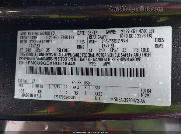1FMCU9GDXHUE18449 2017 FORD ESCAPE Gray Vista del compartimento del motor