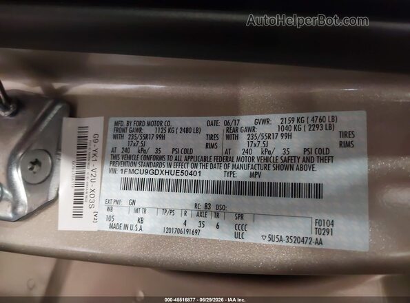 1FMCU9GDXHUE50401 2017 FORD ESCAPE Tan Շարժիչի բաժամունքի տեսք