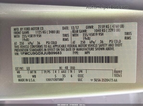 1FMCU9GDXJUB09683 2018 FORD ESCAPE Silver Widok tylnych siedzeń