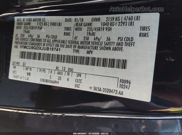 1FMCU9GDXJUB18741 2018 FORD ESCAPE Черный Вид подкапотного пространства