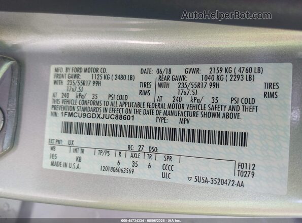 1FMCU9GDXJUC88601 2018 FORD ESCAPE Silver Շարժիչի բաժամունքի տեսք