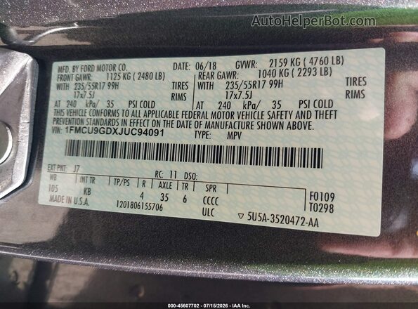1FMCU9GDXJUC94091 2018 FORD ESCAPE Gray Widok komory silnika