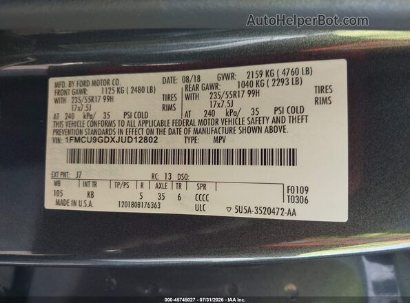 1FMCU9GDXJUD12802 2018 FORD ESCAPE Gray Widok komory silnika