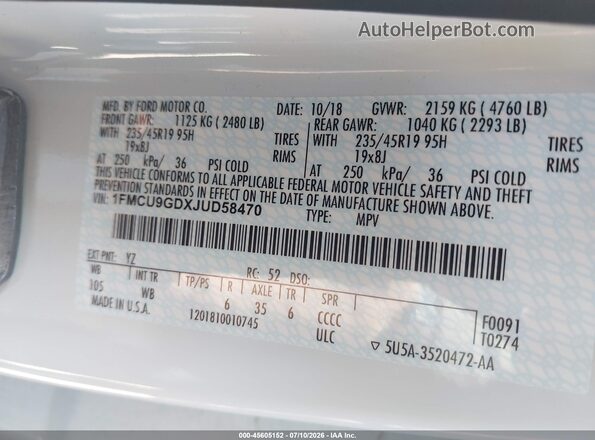 1FMCU9GDXJUD58470 2018 FORD ESCAPE White Շարժիչի բաժամունքի տեսք