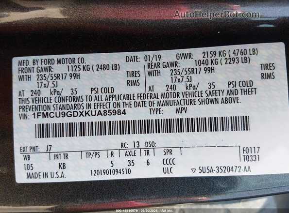 1FMCU9GDXKUA85984 2019 FORD ESCAPE Gray Engine compartment view