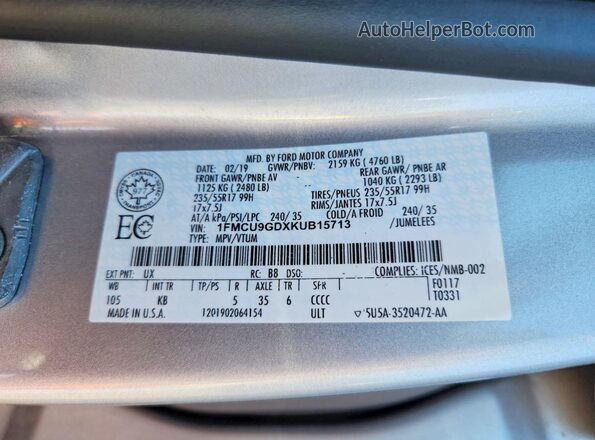 1FMCU9GDXKUB15713 2019 FORD ESCAPE Серебряный Вид наклейки с VIN-кодом